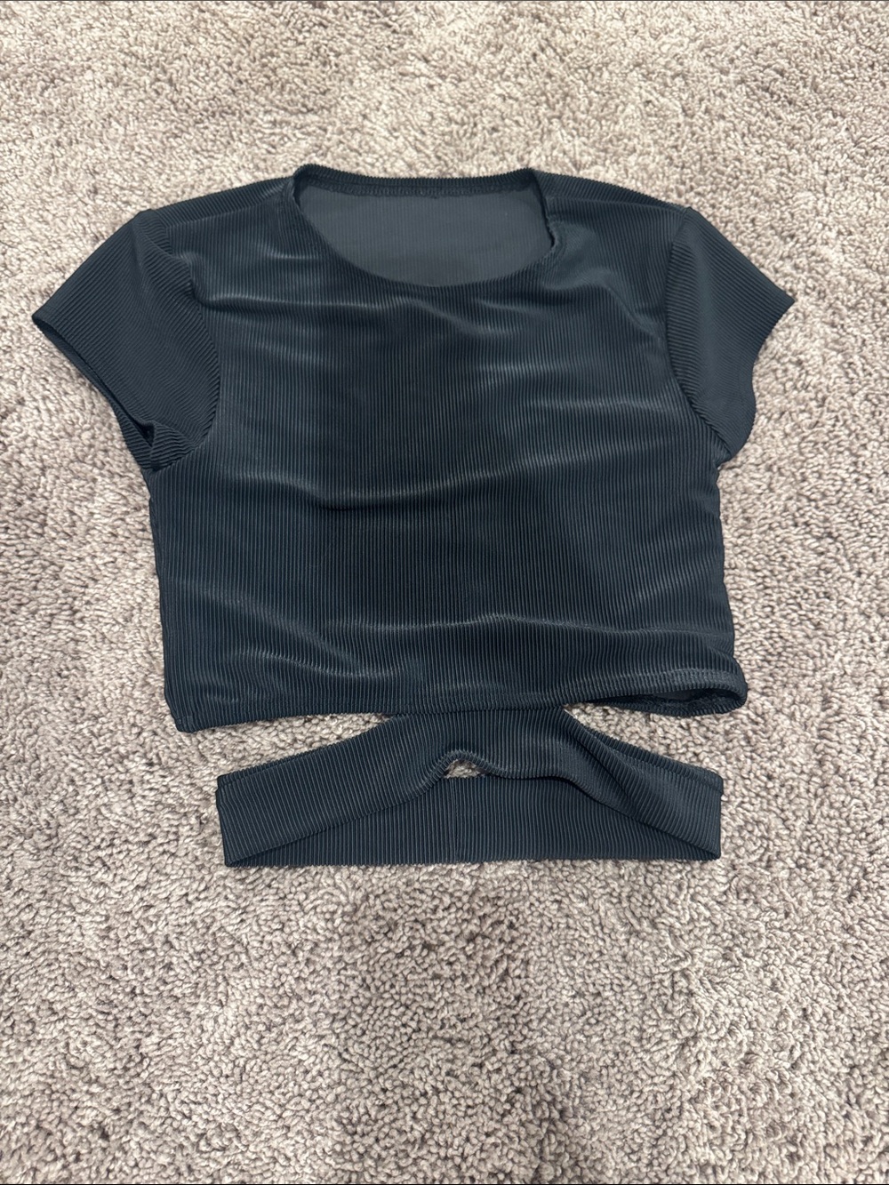 Black Ribbed Short Sleeve Crop Top with Waist Cutout